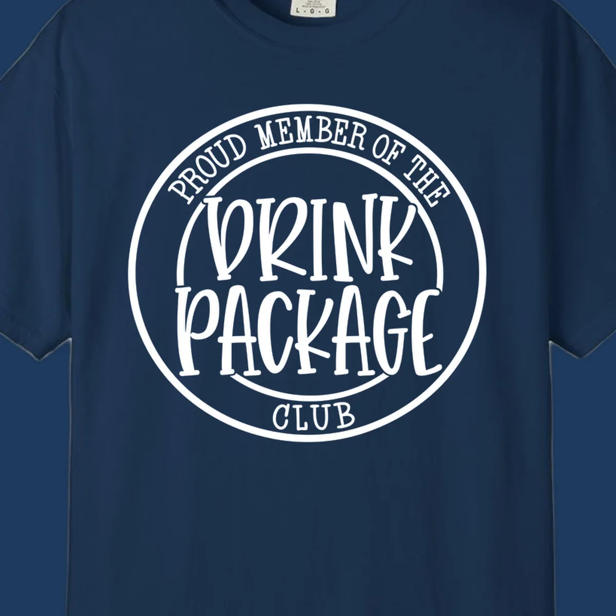 Circular badge design reading 'Proud Member of the Drink Package Club' in white text on gray background
