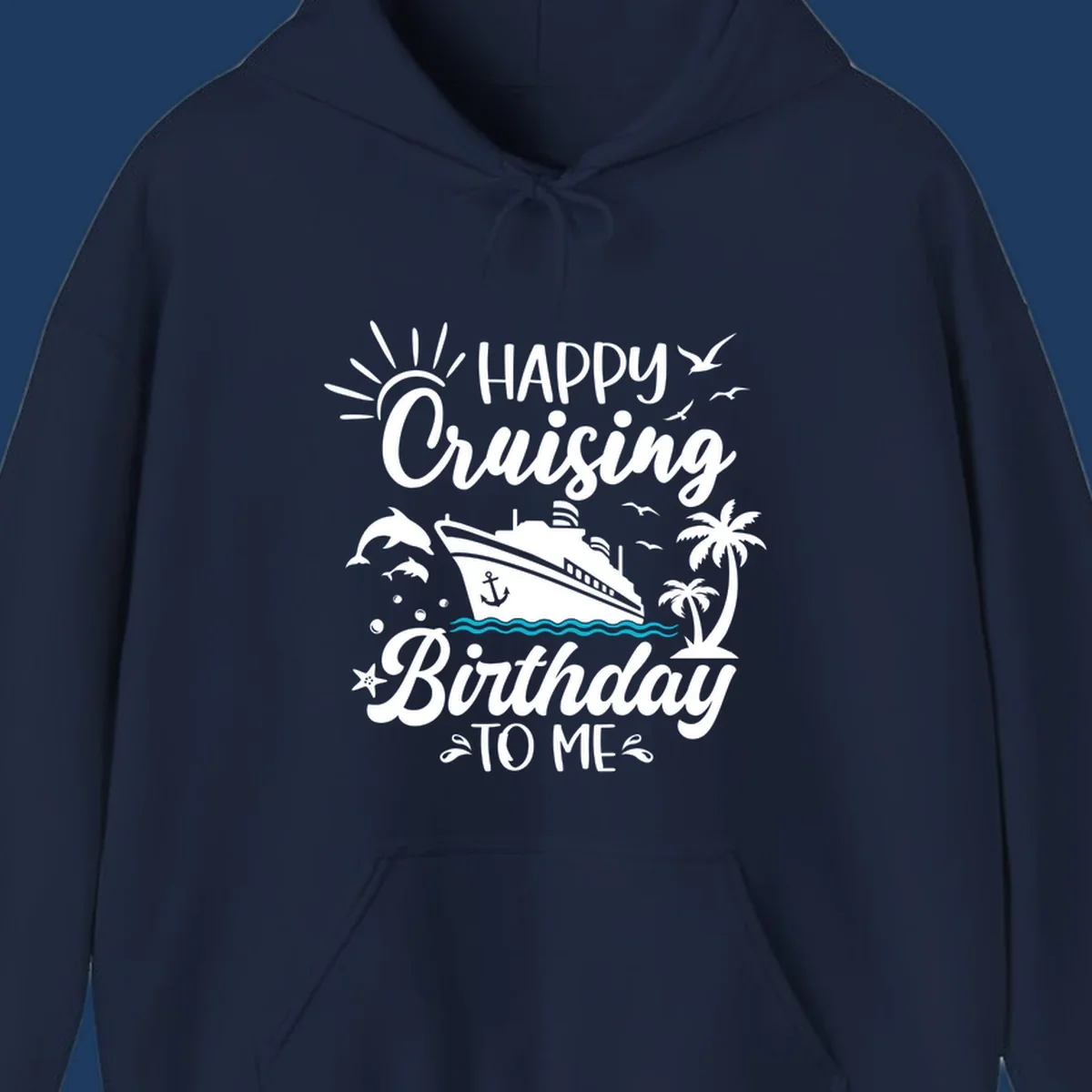 Birthday cruise design with ship, dolphins, palm trees, and 'Happy Cruising Birthday TO ME' text on gray background
