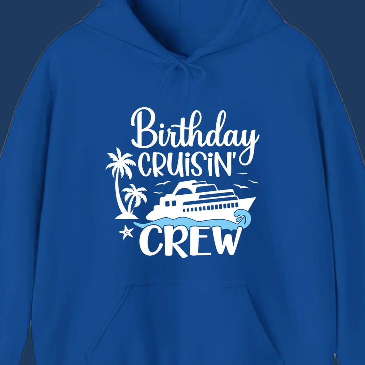 Birthday Cruisin' Crew design with cruise ship, palm trees, ocean wave, and tropical elements on gray background