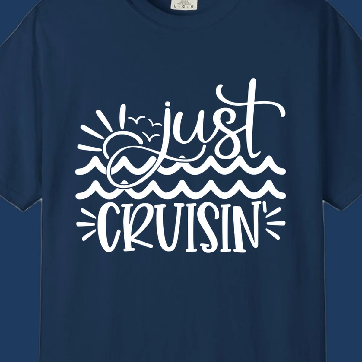 White line-art illustration of sun and ocean waves with 'just CRUISIN'' text on gray background