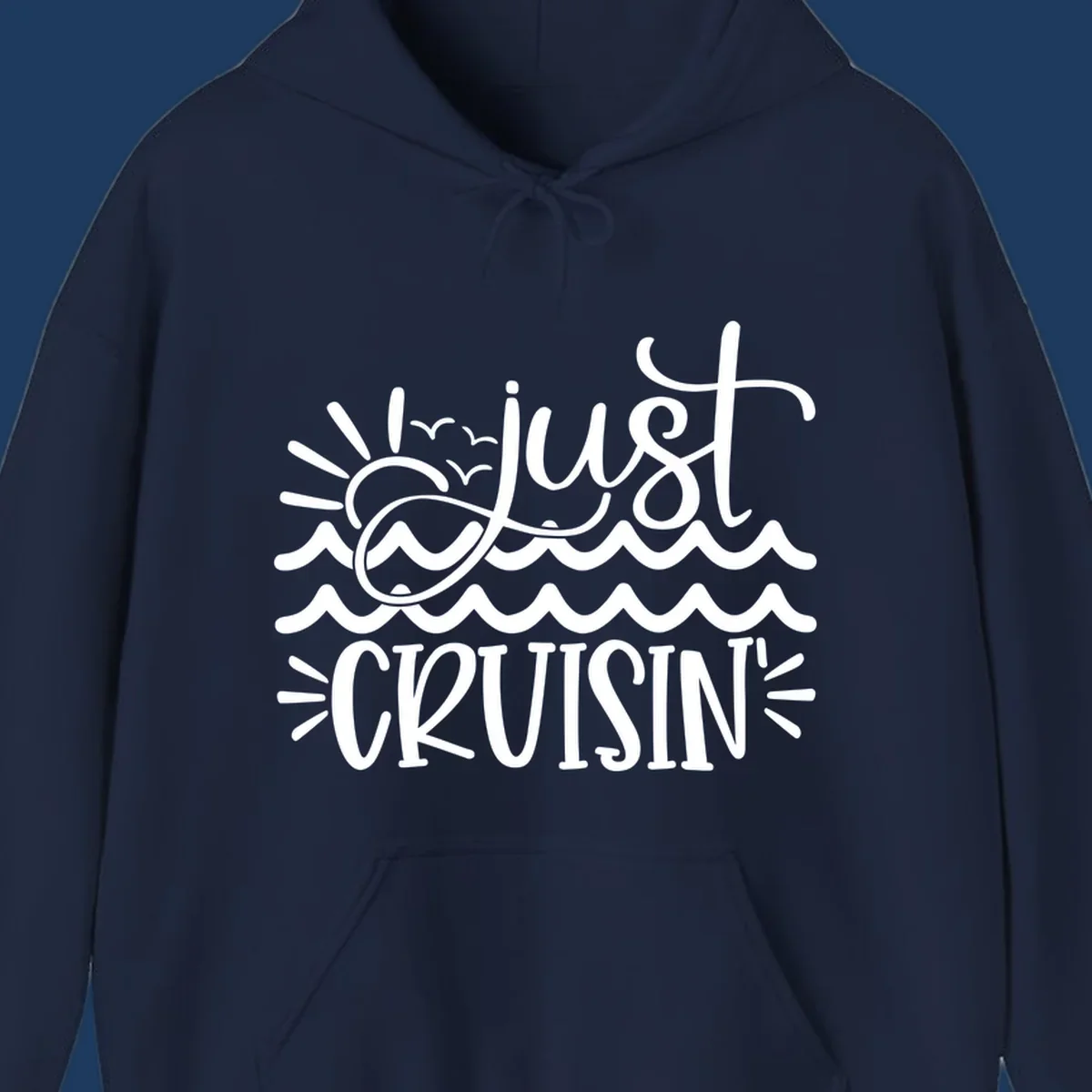 White line-art illustration of sun and ocean waves with 'just CRUISIN'' text on gray background
