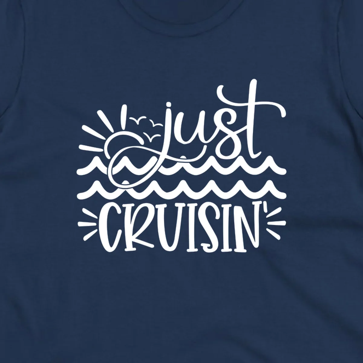 White line-art illustration of sun and ocean waves with 'just CRUISIN'' text on gray background