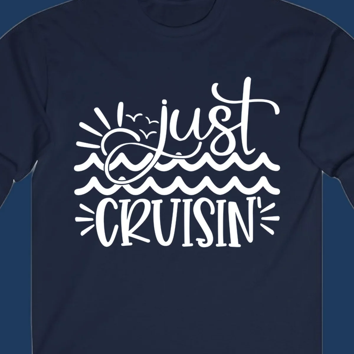 White line-art illustration of sun and ocean waves with 'just CRUISIN'' text on gray background