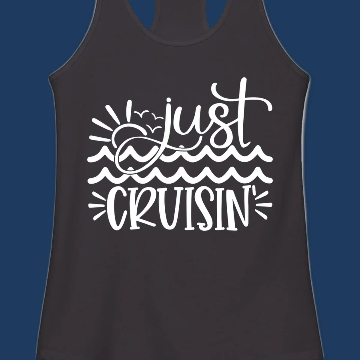 White line-art illustration of sun and ocean waves with 'just CRUISIN'' text on gray background