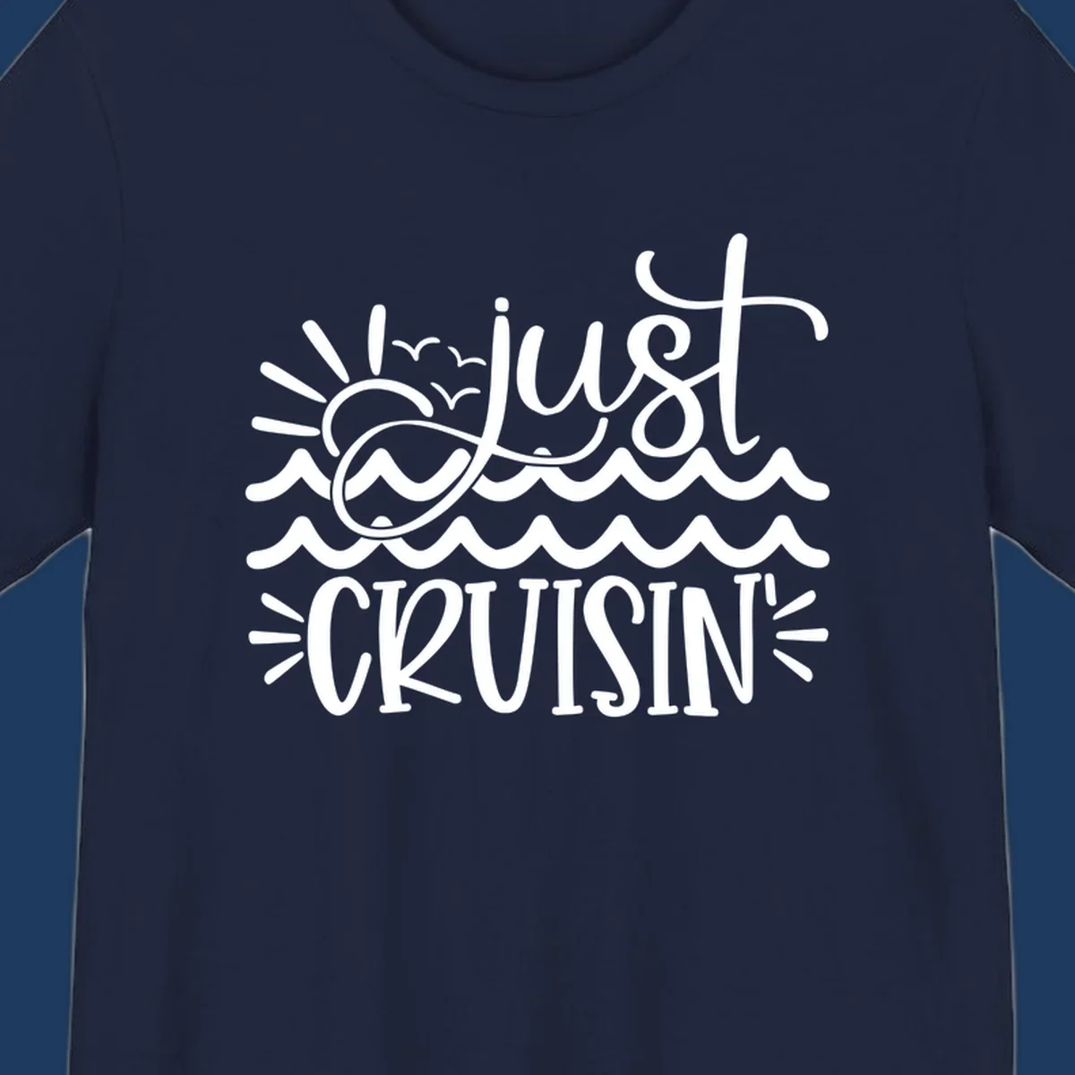 White line-art illustration of sun and ocean waves with 'just CRUISIN'' text on gray background