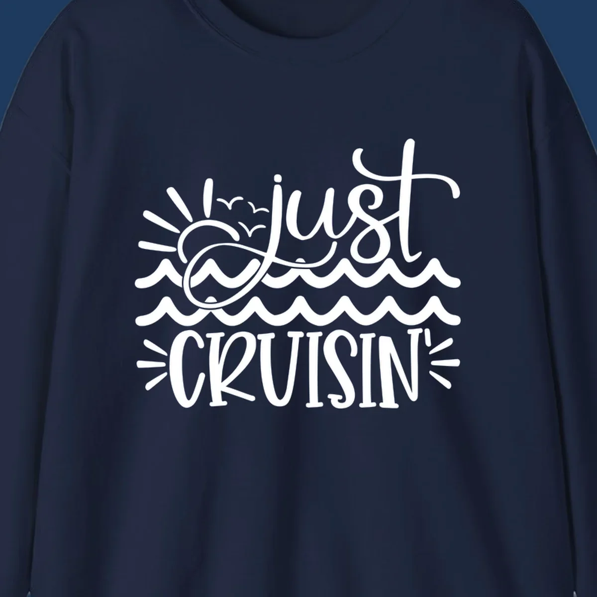 White line-art illustration of sun and ocean waves with 'just CRUISIN'' text on gray background