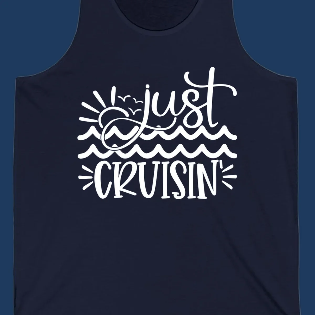 White line-art illustration of sun and ocean waves with 'just CRUISIN'' text on gray background