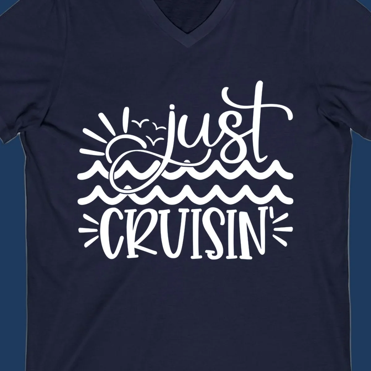White line-art illustration of sun and ocean waves with 'just CRUISIN'' text on gray background