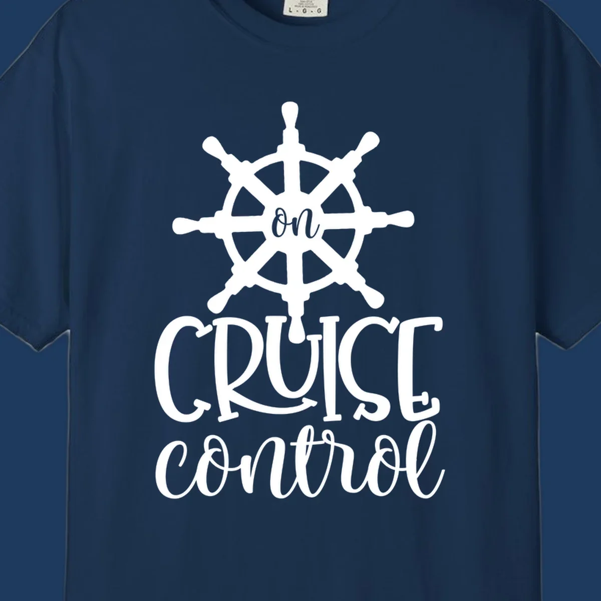 White ship wheel with 'ON CRUISE CONTROL' text below on gray background - nautical cruise design