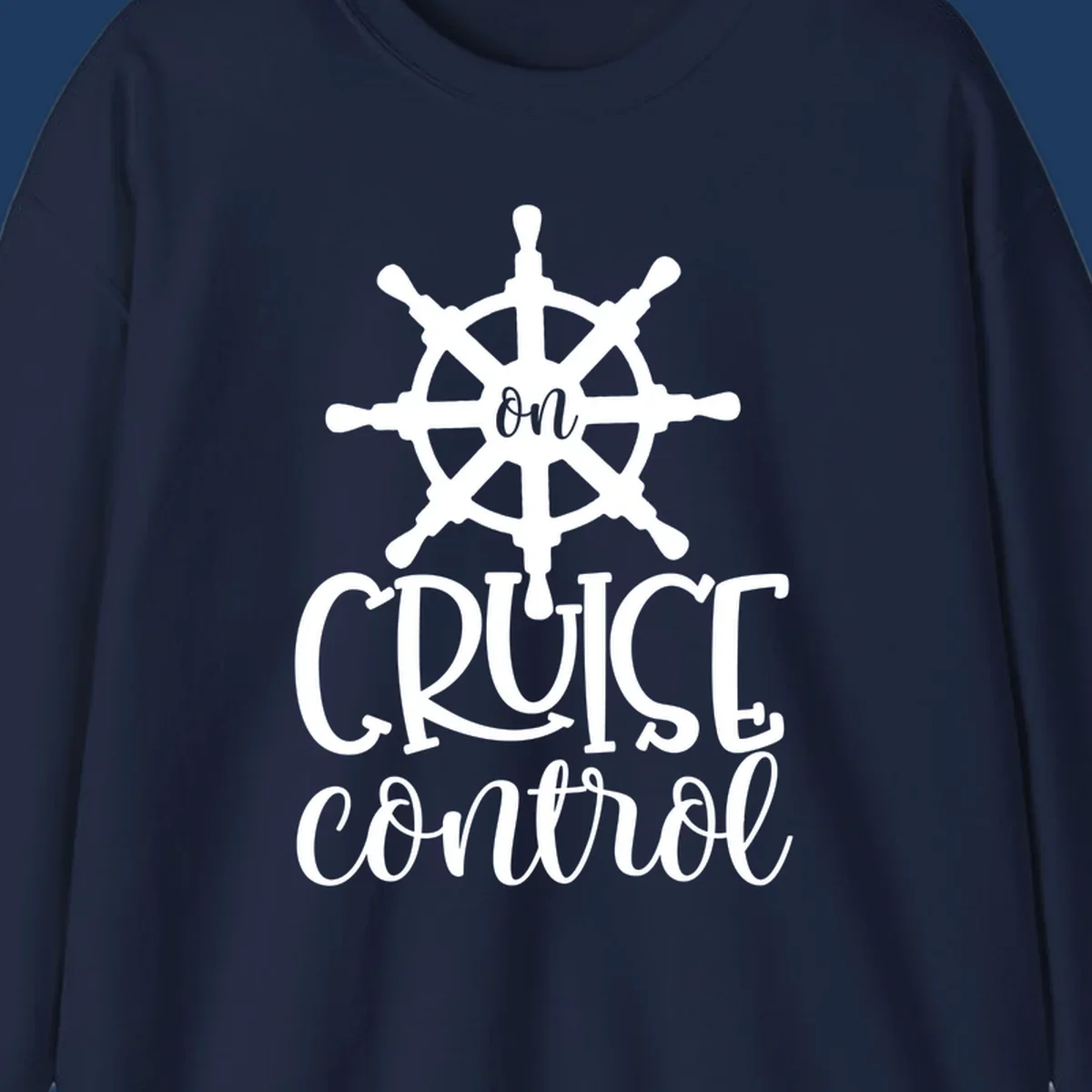 White ship wheel with 'ON CRUISE CONTROL' text below on gray background - nautical cruise design