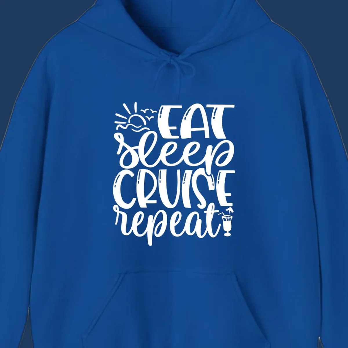 White text design reading 'Eat Sleep Cruise Repeat' with sunrise and ocean waves graphic and tropical cocktail illustration on gray background