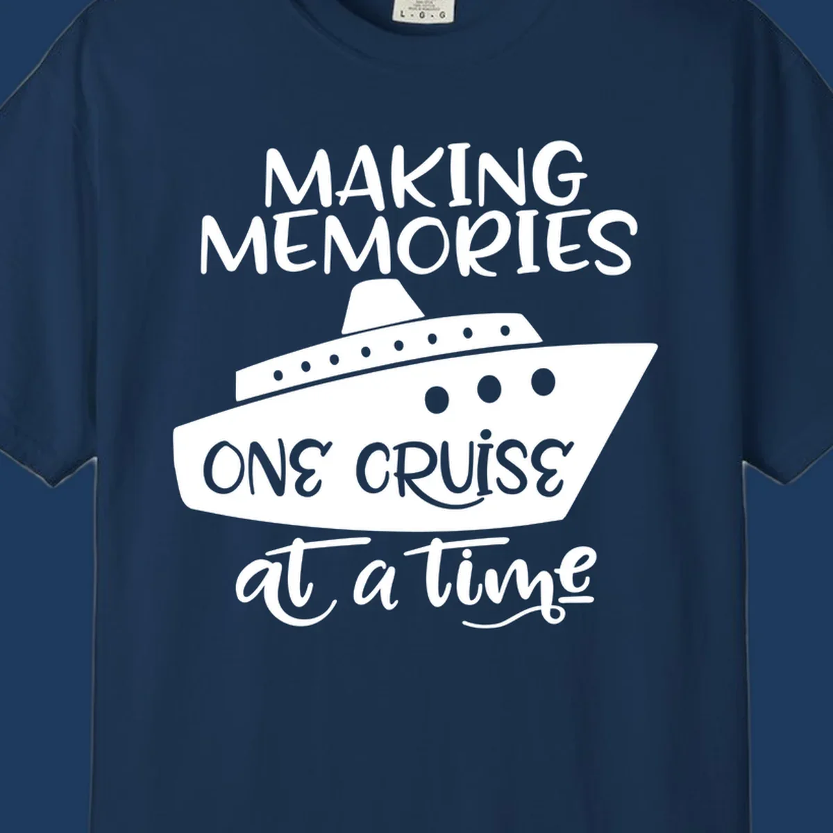 Cruise ship illustration with 'Making Memories One Cruise at a Time' text in white and gray on gray background