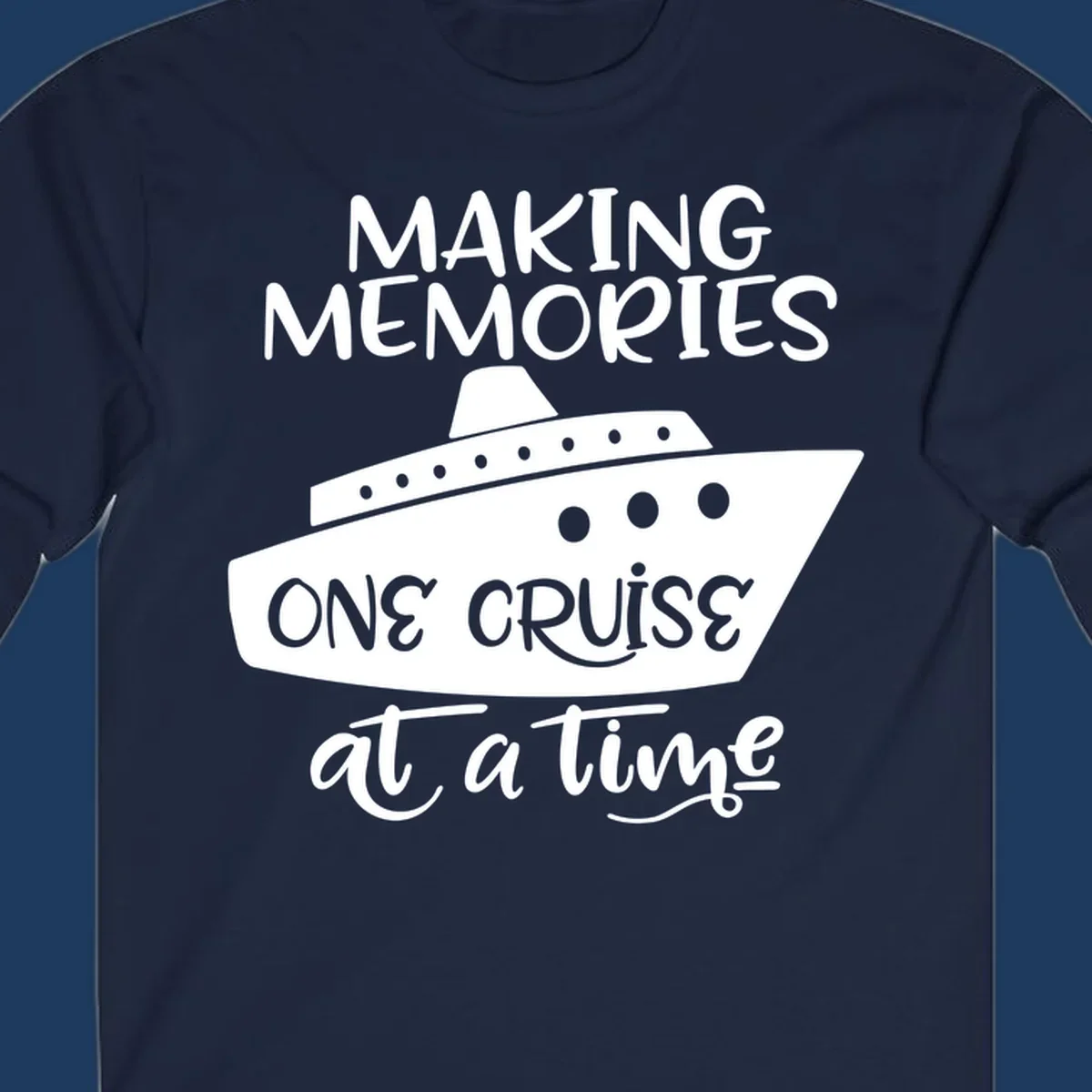 Cruise ship illustration with 'Making Memories One Cruise at a Time' text in white and gray on gray background