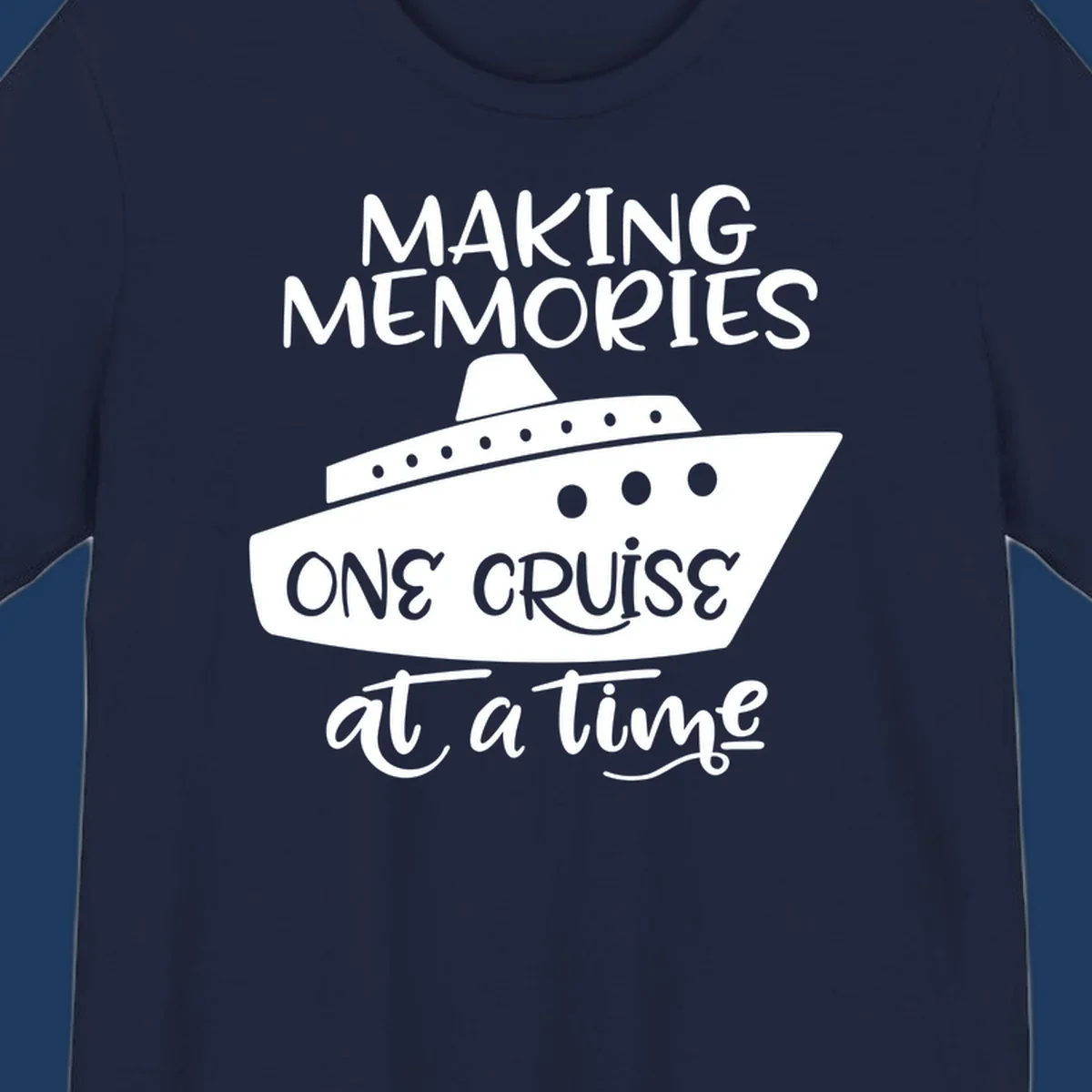 Cruise ship illustration with 'Making Memories One Cruise at a Time' text in white and gray on gray background