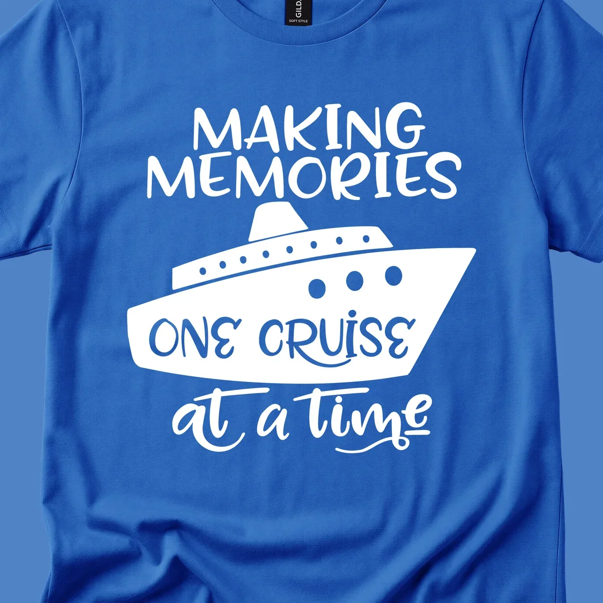 Cruise ship illustration with 'Making Memories One Cruise at a Time' text in white and gray on gray background