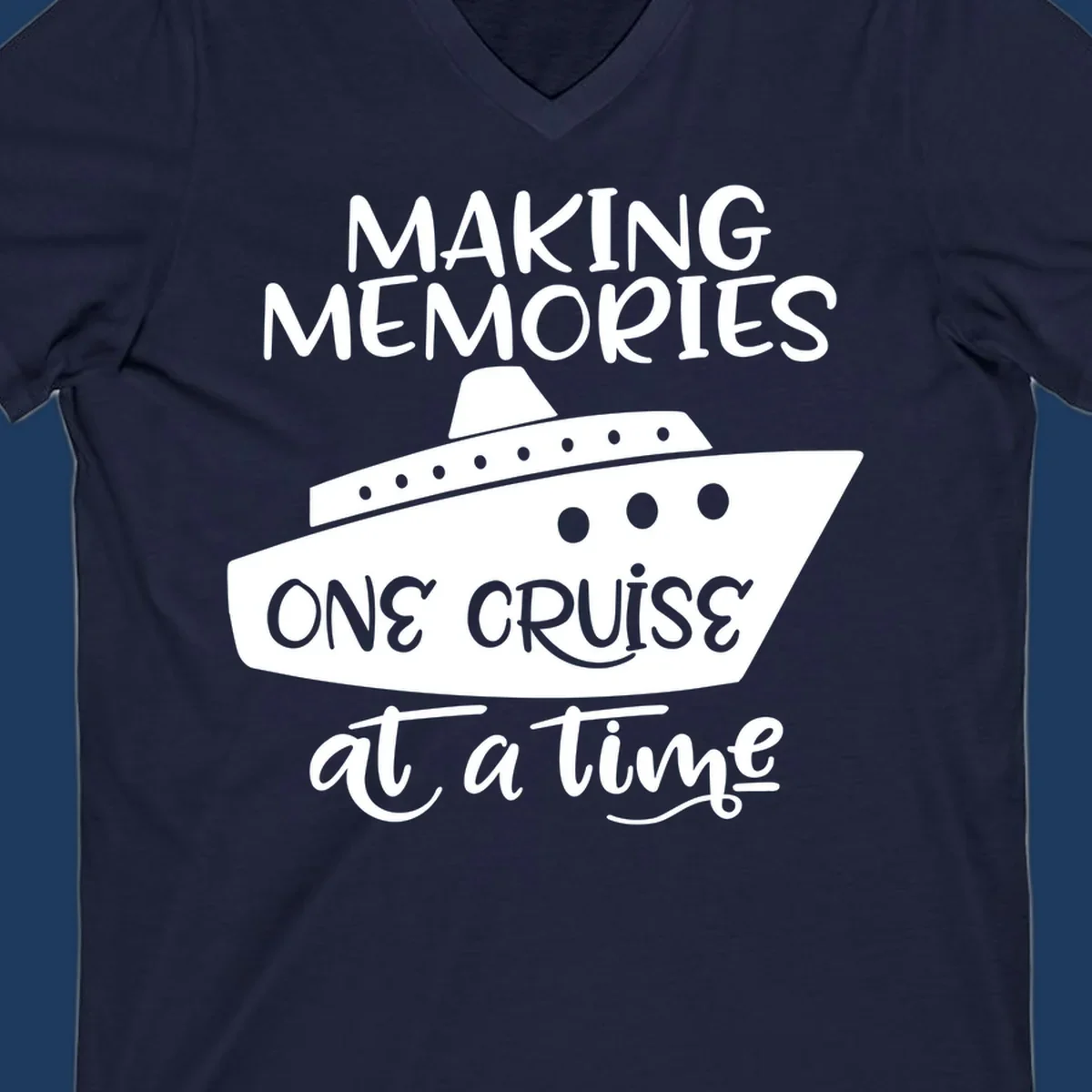 Cruise ship illustration with 'Making Memories One Cruise at a Time' text in white and gray on gray background