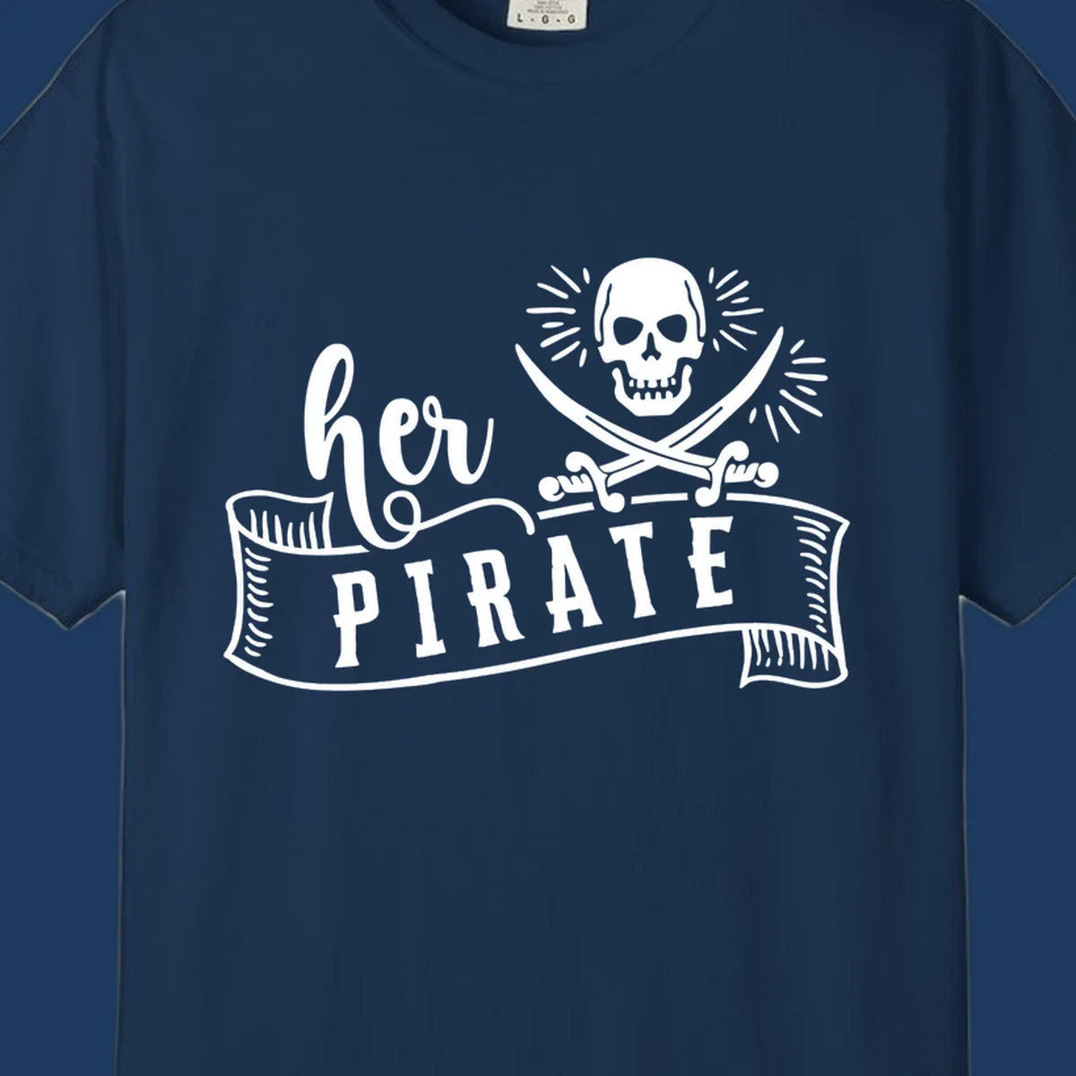 Pirate skull with crossed swords and 'Ahoy PIRATE' text banner on gray background