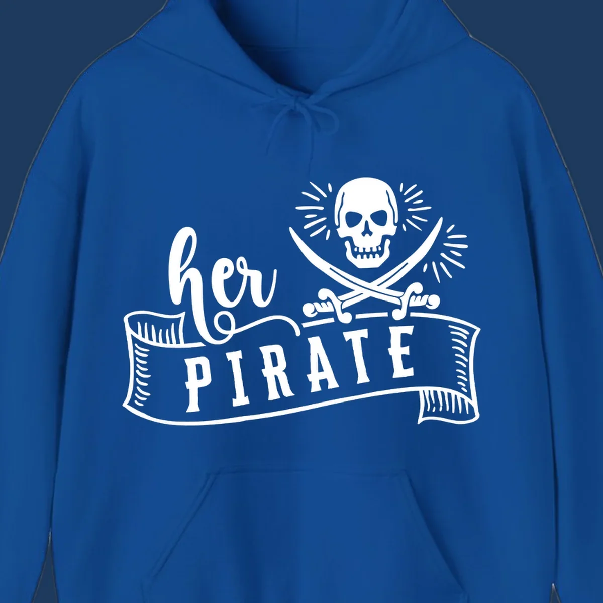 Pirate skull with crossed swords and 'Ahoy PIRATE' text banner on gray background