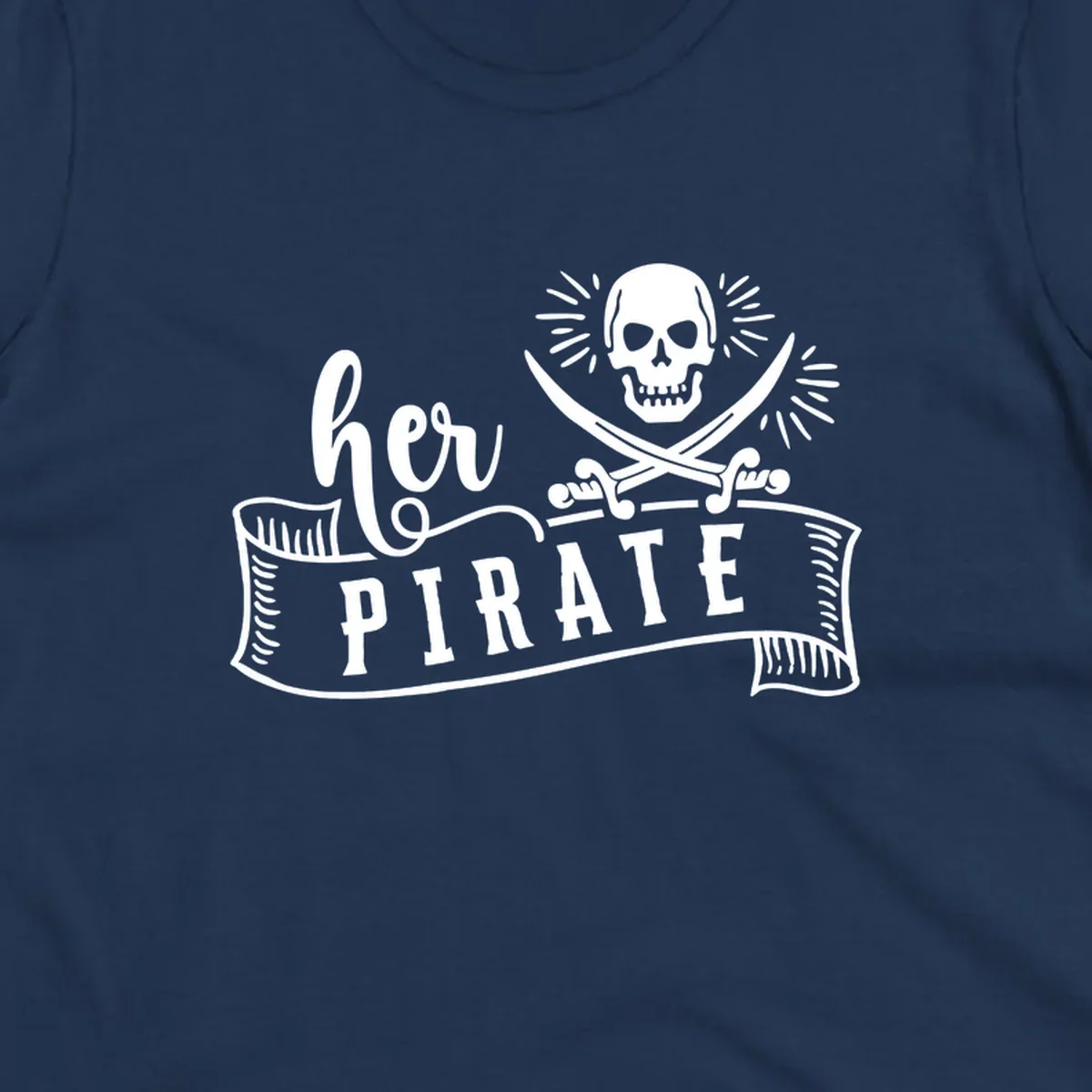 Pirate skull with crossed swords and 'Ahoy PIRATE' text banner on gray background