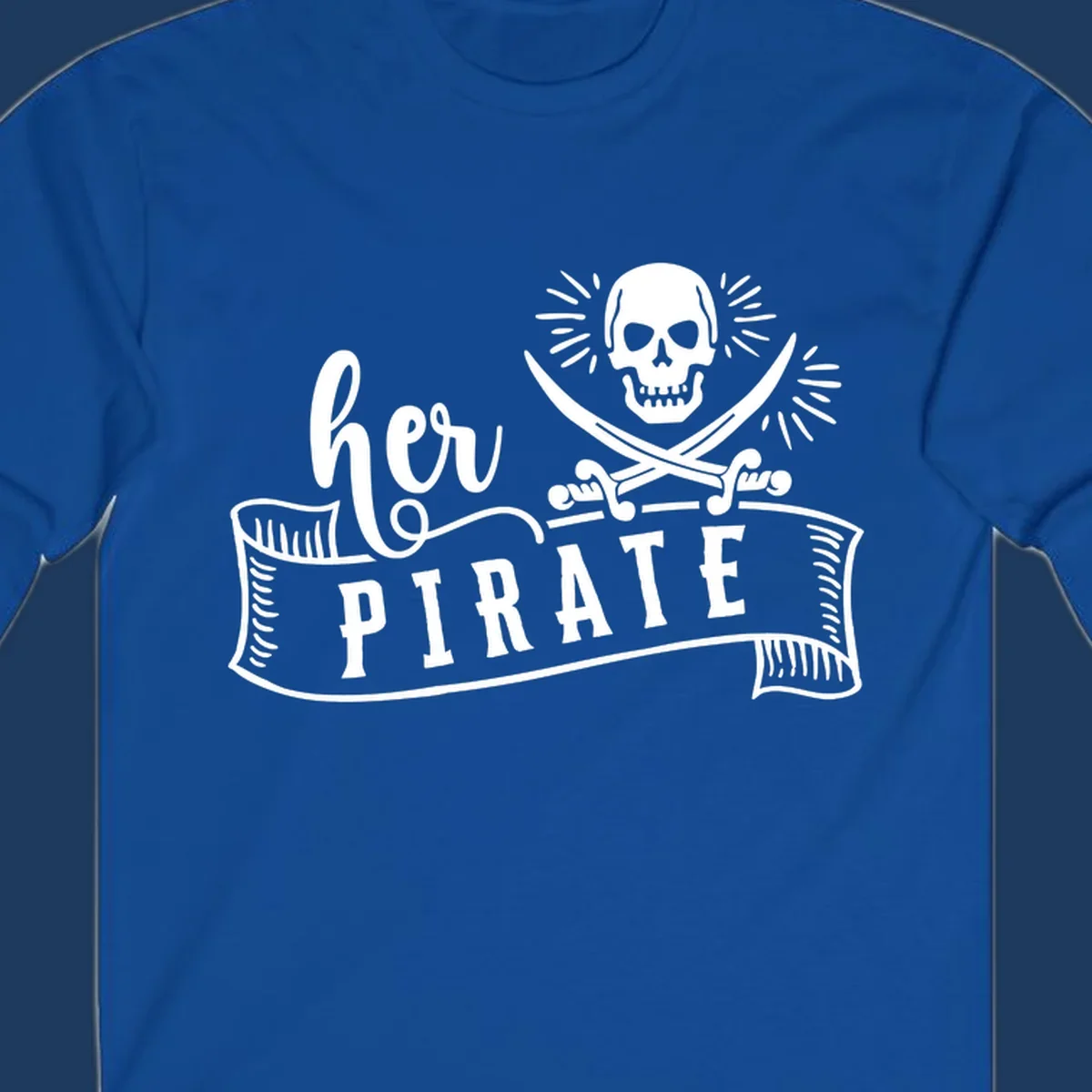 Pirate skull with crossed swords and 'Ahoy PIRATE' text banner on gray background