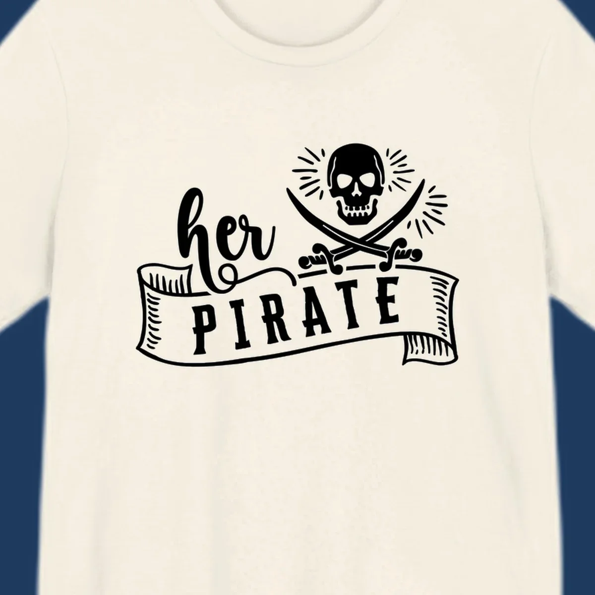 Pirate skull with crossed swords and 'Ahoy PIRATE' text banner on gray background