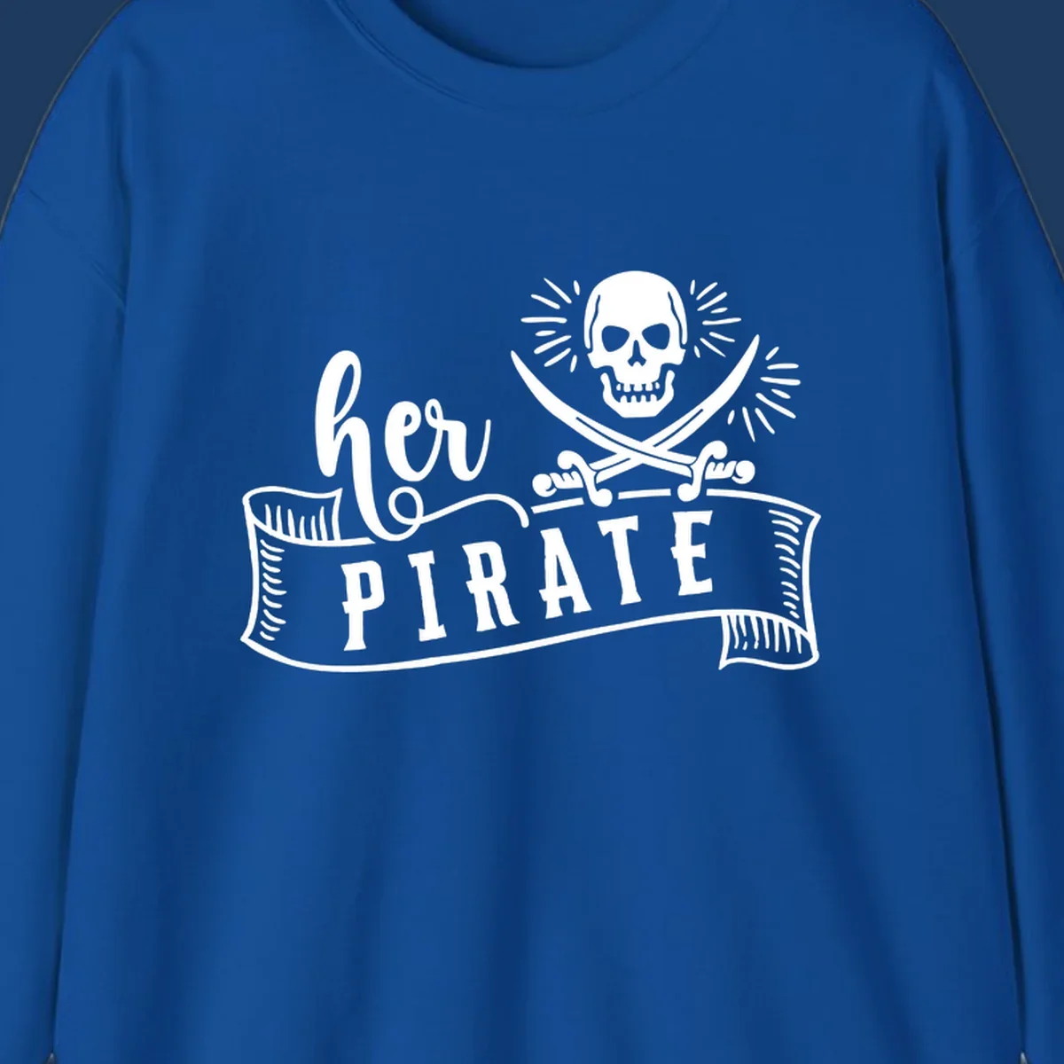 Pirate skull with crossed swords and 'Ahoy PIRATE' text banner on gray background