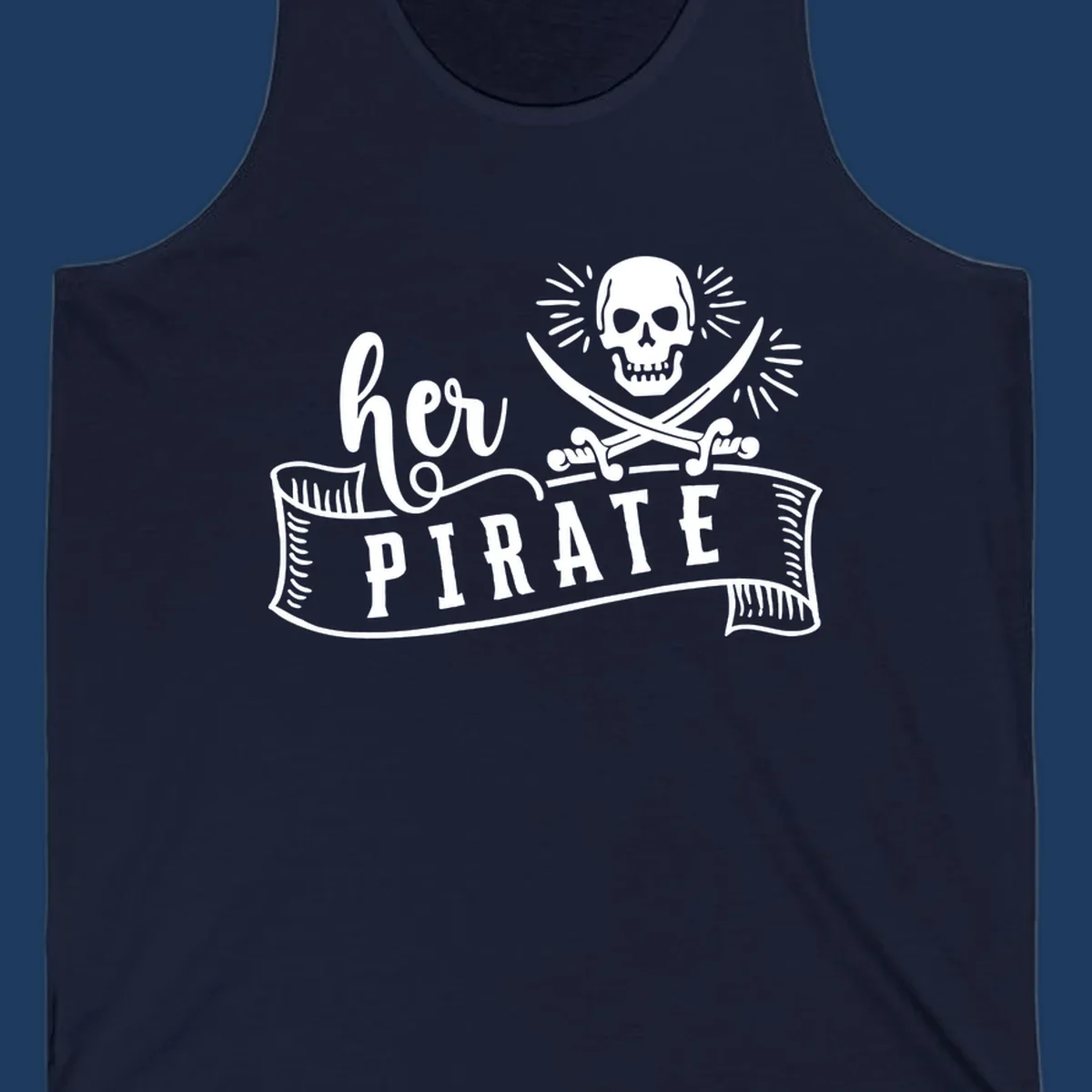 Pirate skull with crossed swords and 'Ahoy PIRATE' text banner on gray background