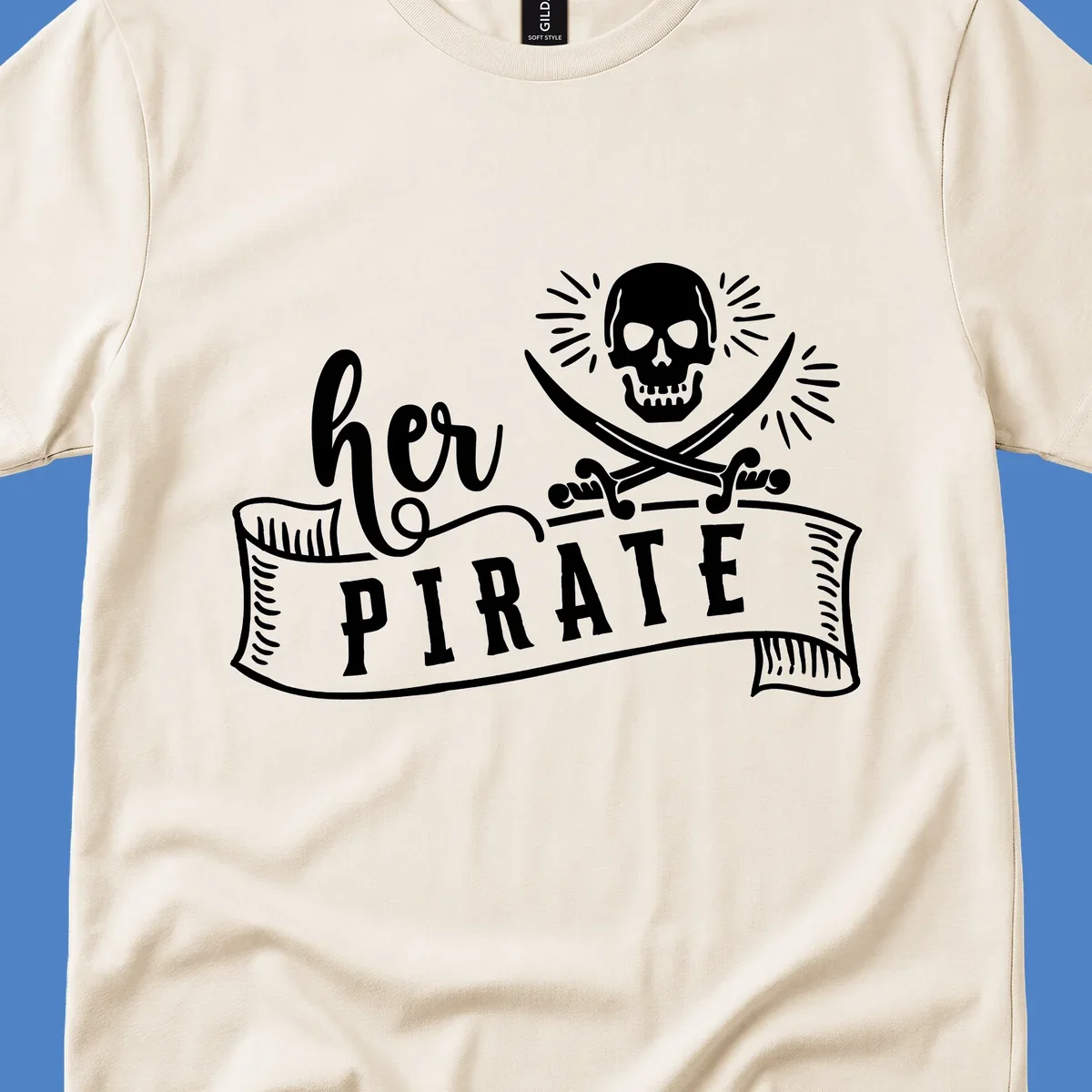 Pirate skull with crossed swords and 'Ahoy PIRATE' text banner on gray background
