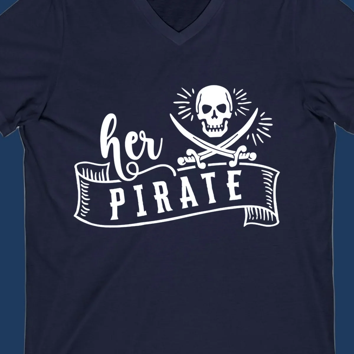 Pirate skull with crossed swords and 'Ahoy PIRATE' text banner on gray background