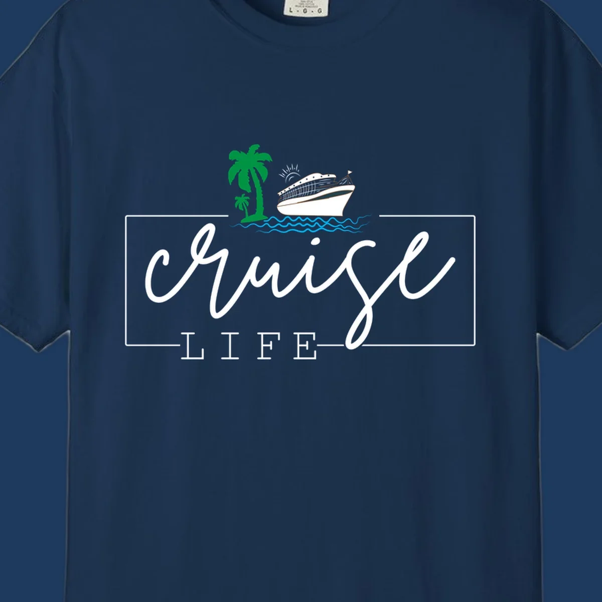 Cruising life tropical design featuring a cruise ship, palm trees, ocean waves and sun with white script lettering