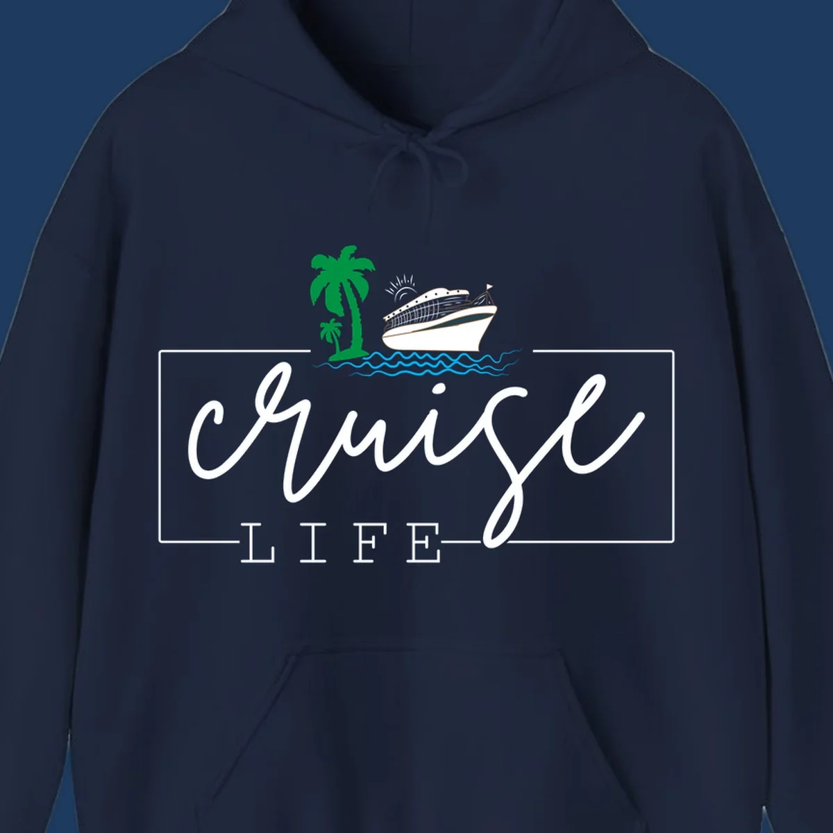 Cruising life tropical design featuring a cruise ship, palm trees, ocean waves and sun with white script lettering