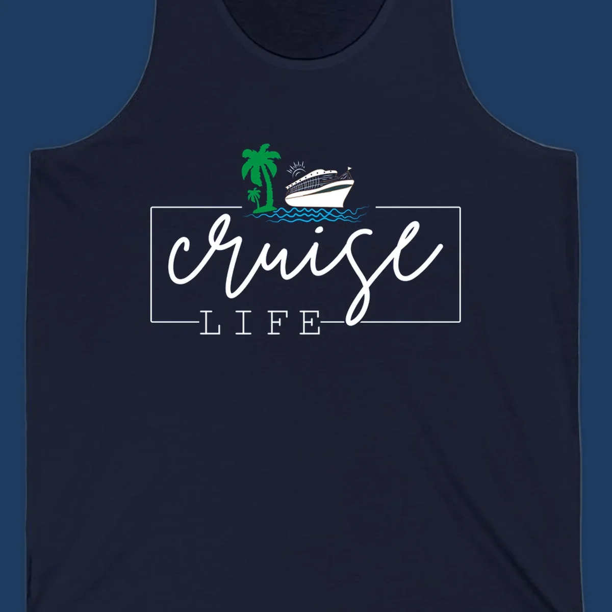 Cruising life tropical design featuring a cruise ship, palm trees, ocean waves and sun with white script lettering