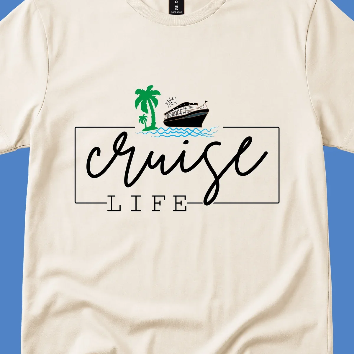 Cruising life tropical design featuring a cruise ship, palm trees, ocean waves and sun with white script lettering