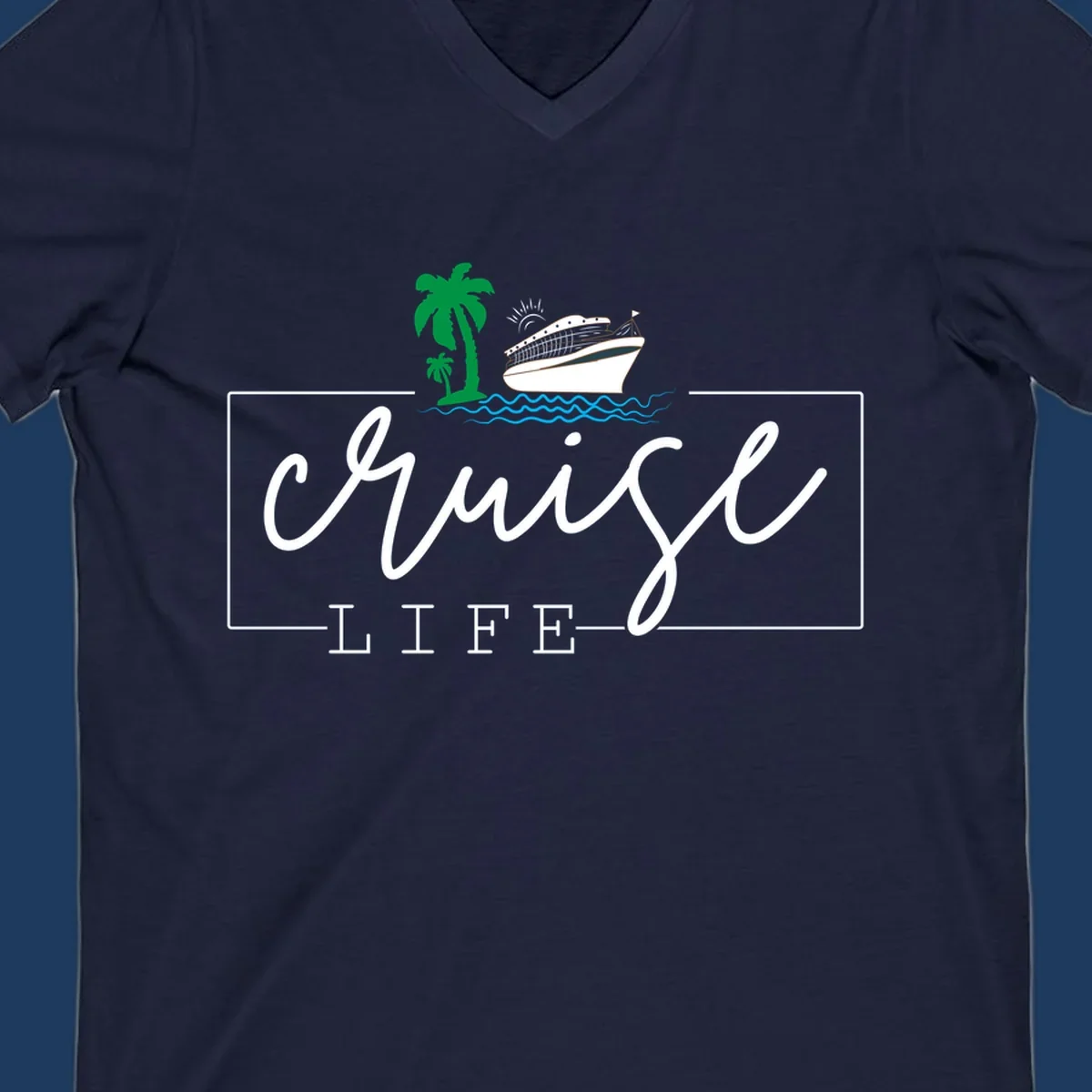 Cruising life tropical design featuring a cruise ship, palm trees, ocean waves and sun with white script lettering