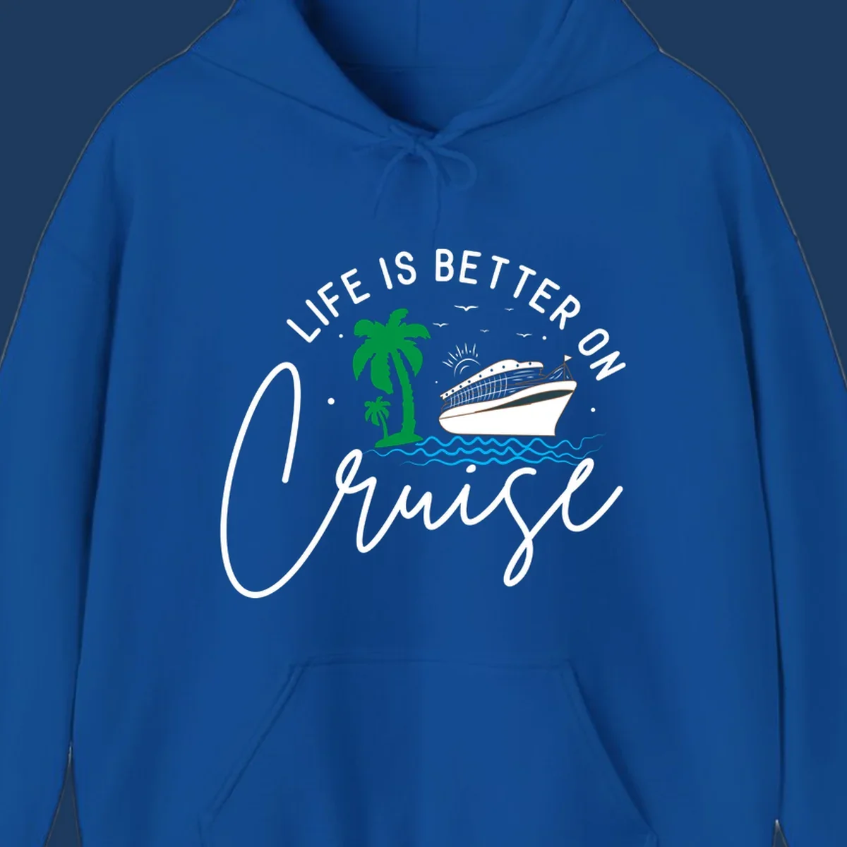 Tropical cruise ship design with palm trees and ocean waves, text reads 'Life Is Better On Chill' in white lettering