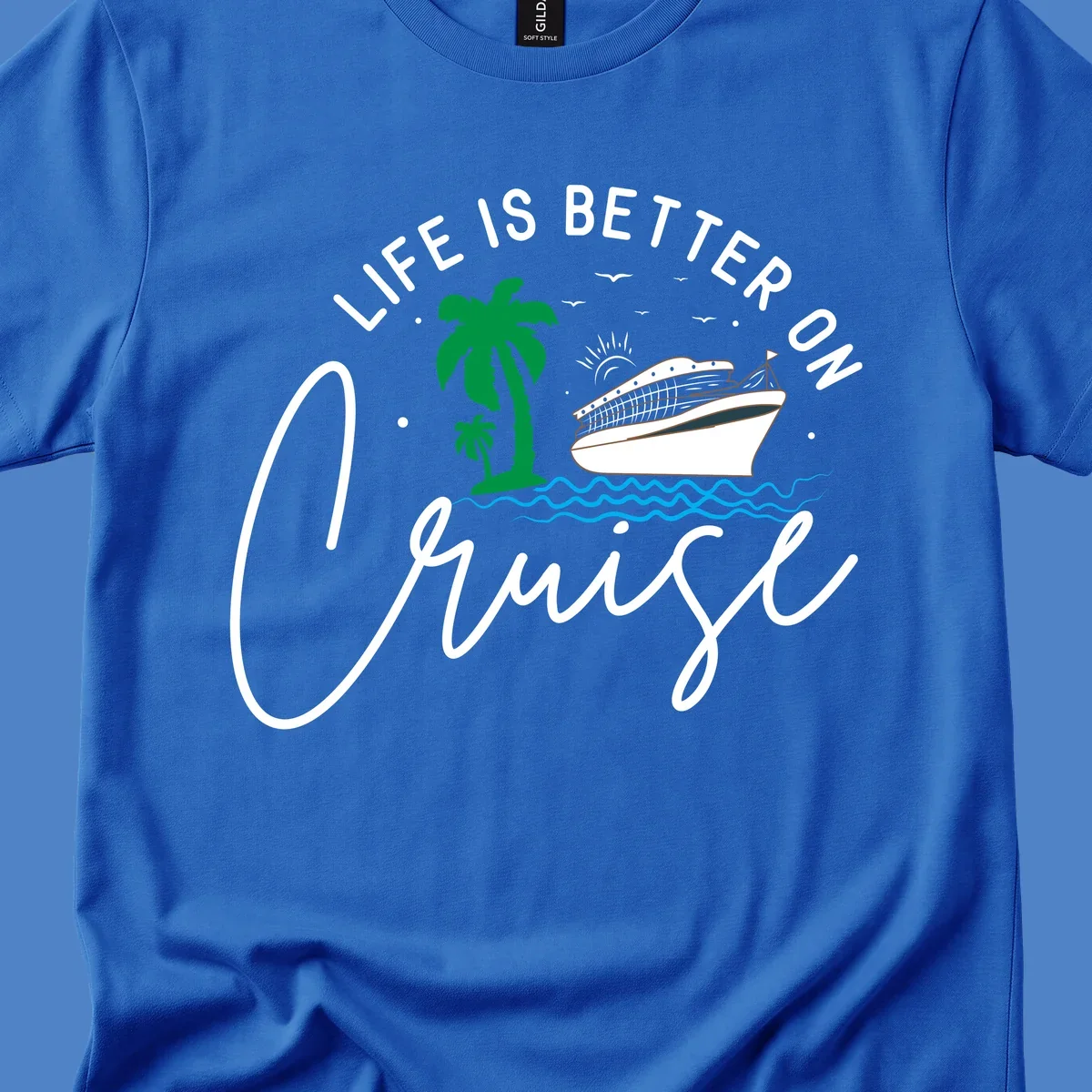Tropical cruise ship design with palm trees and ocean waves, text reads 'Life Is Better On Chill' in white lettering