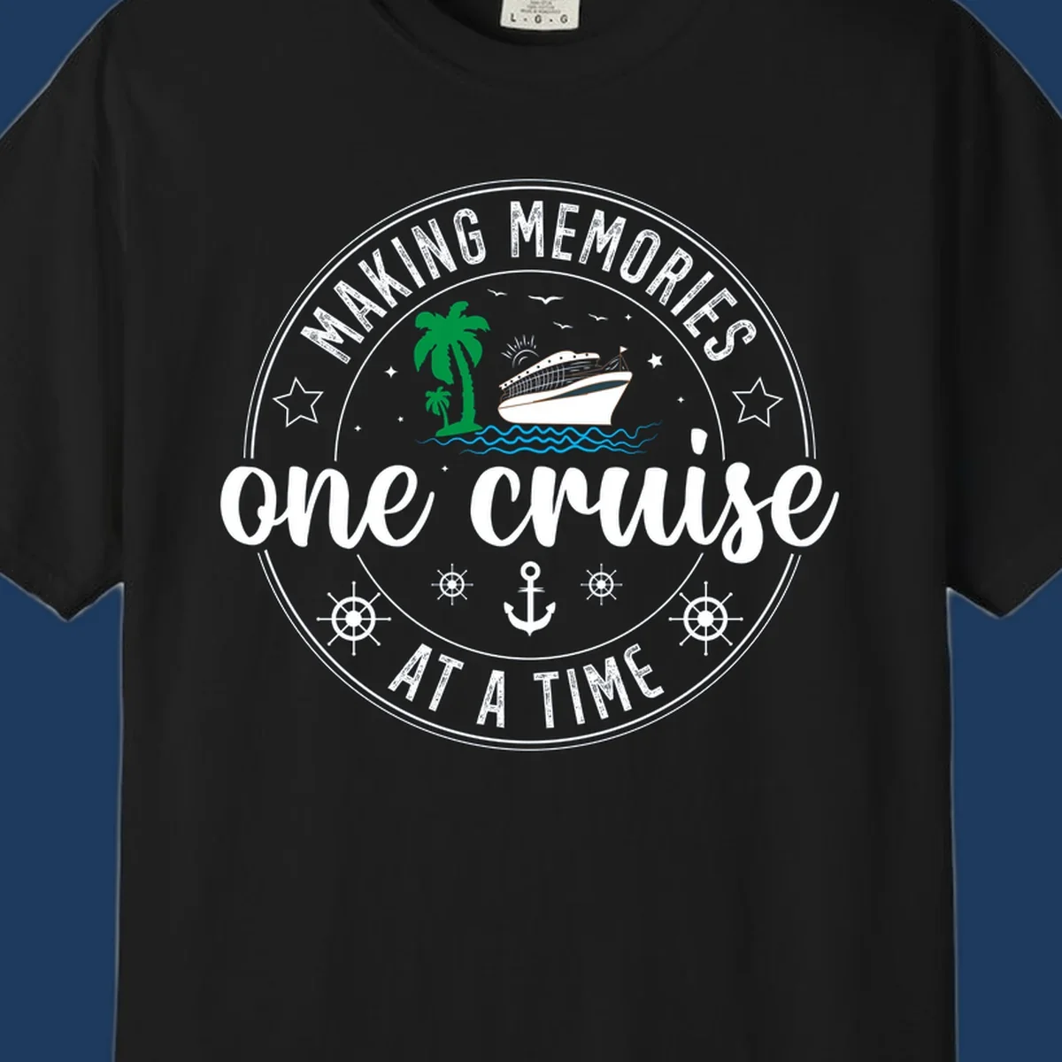 Making memories one cruise circular badge design with cruise ship, palm trees, ocean waves, anchors and ship wheels