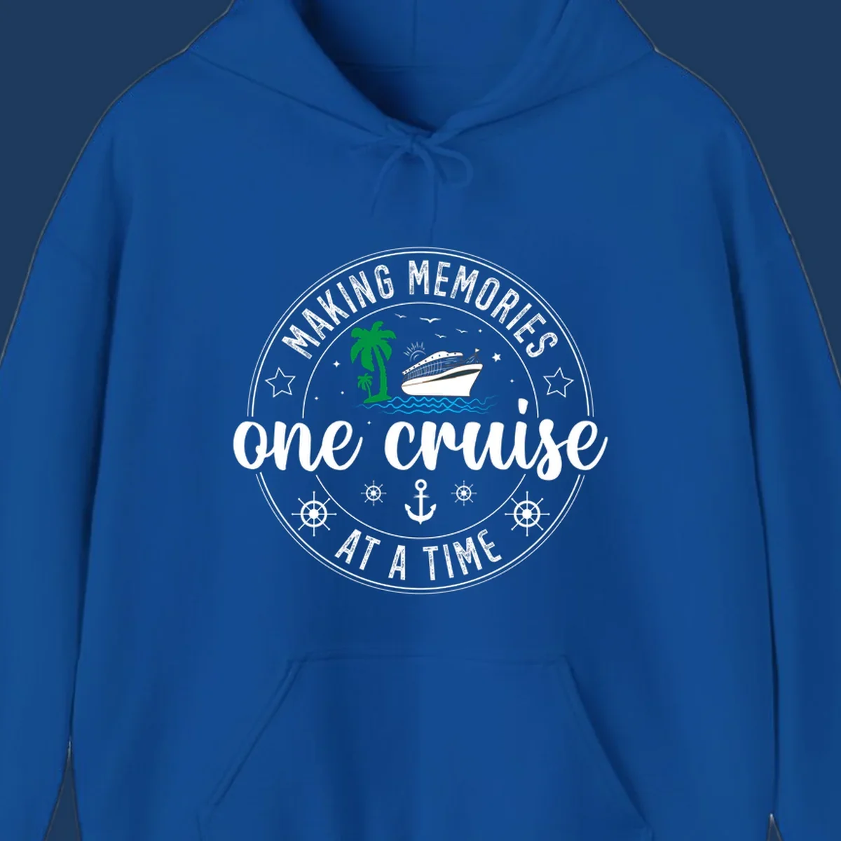 Making memories one cruise circular badge design with cruise ship, palm trees, ocean waves, anchors and ship wheels