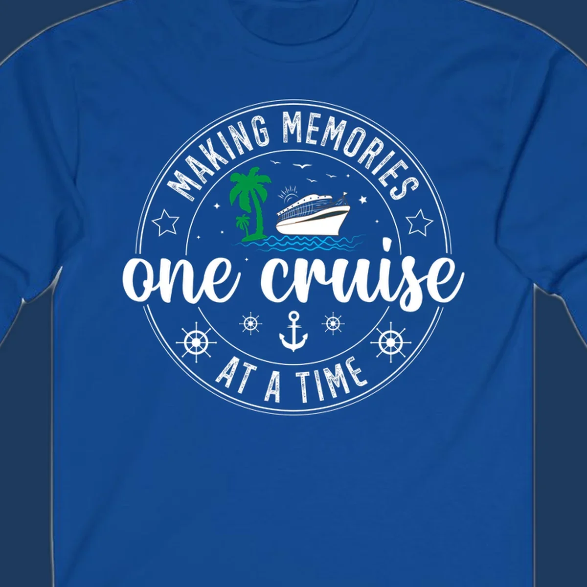 Making memories one cruise circular badge design with cruise ship, palm trees, ocean waves, anchors and ship wheels