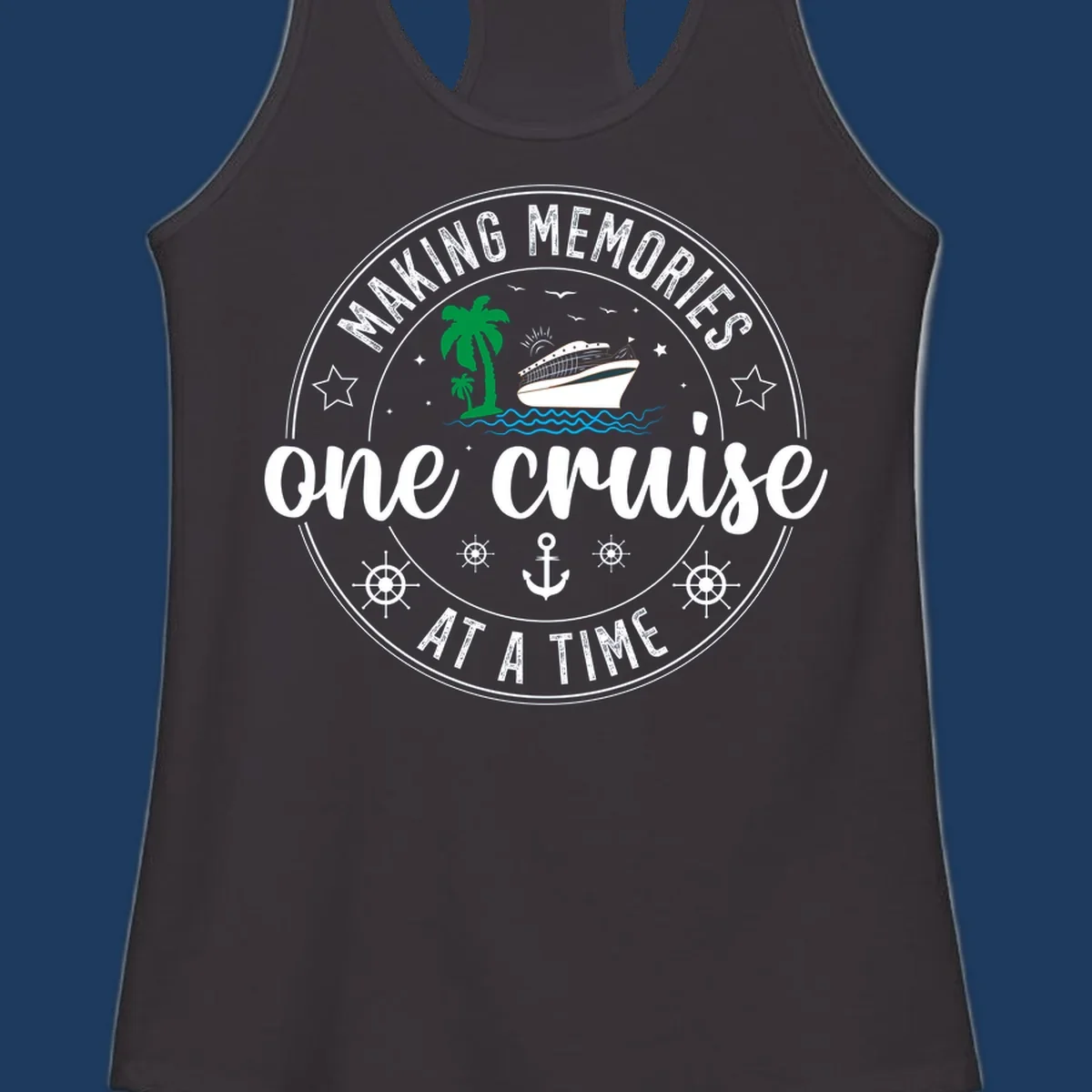 Making memories one cruise circular badge design with cruise ship, palm trees, ocean waves, anchors and ship wheels