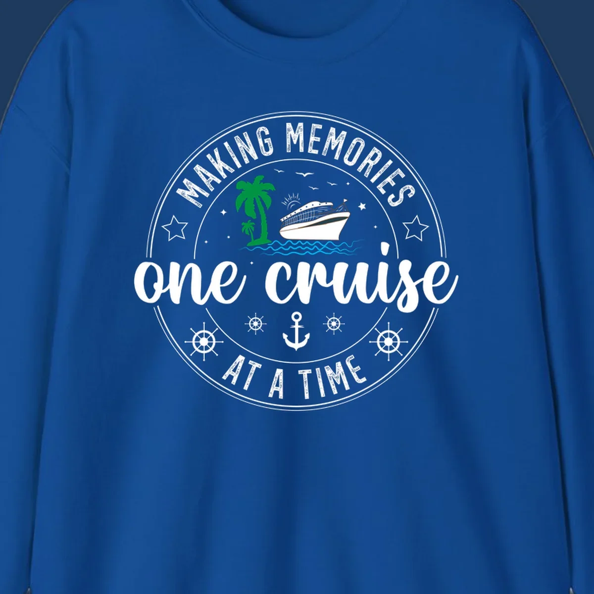 Making memories one cruise circular badge design with cruise ship, palm trees, ocean waves, anchors and ship wheels