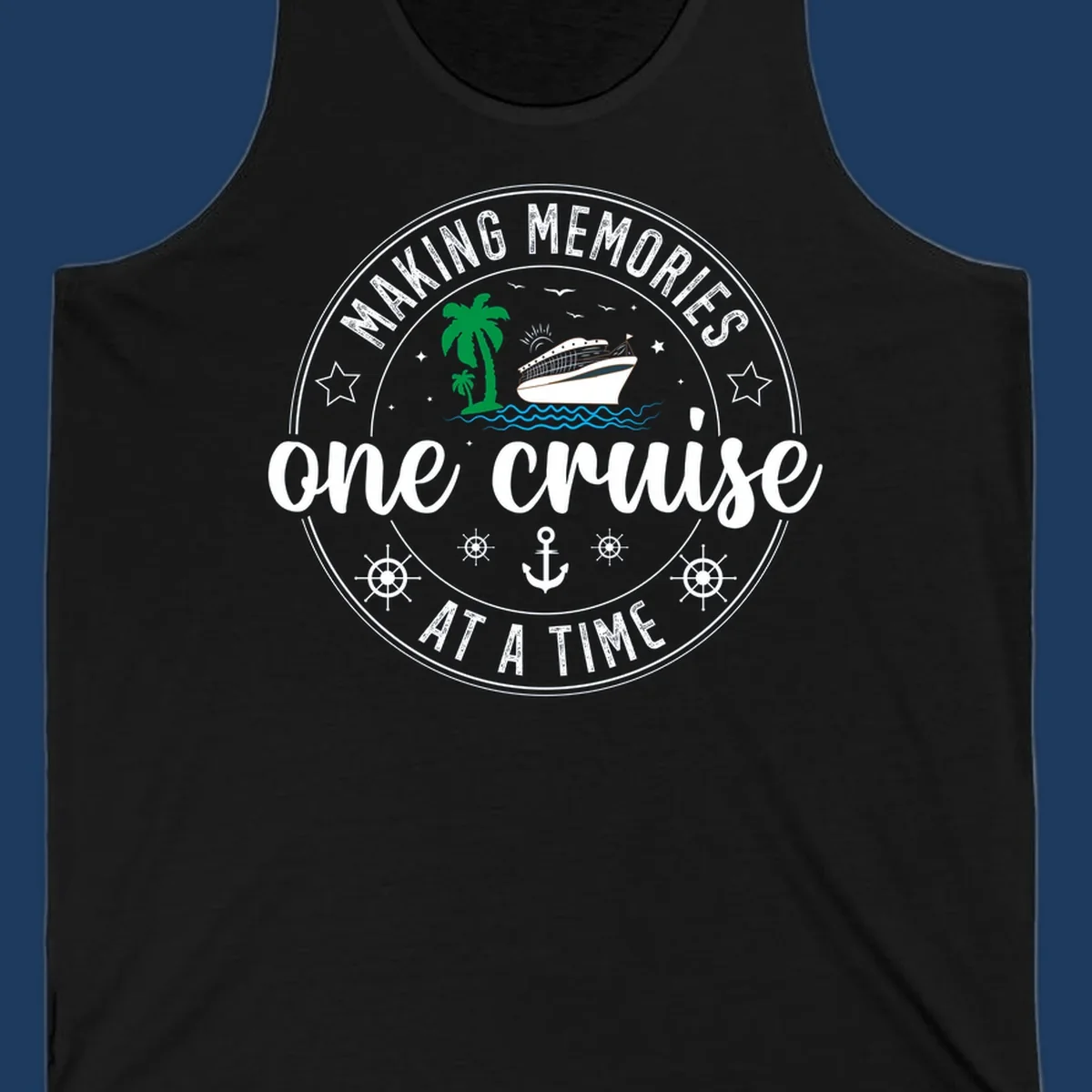 Making memories one cruise circular badge design with cruise ship, palm trees, ocean waves, anchors and ship wheels