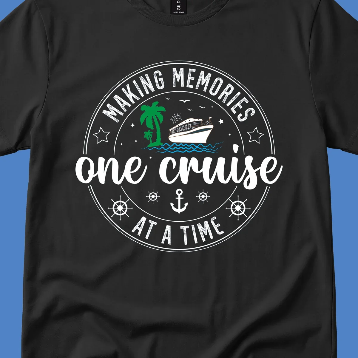 Making memories one cruise circular badge design with cruise ship, palm trees, ocean waves, anchors and ship wheels