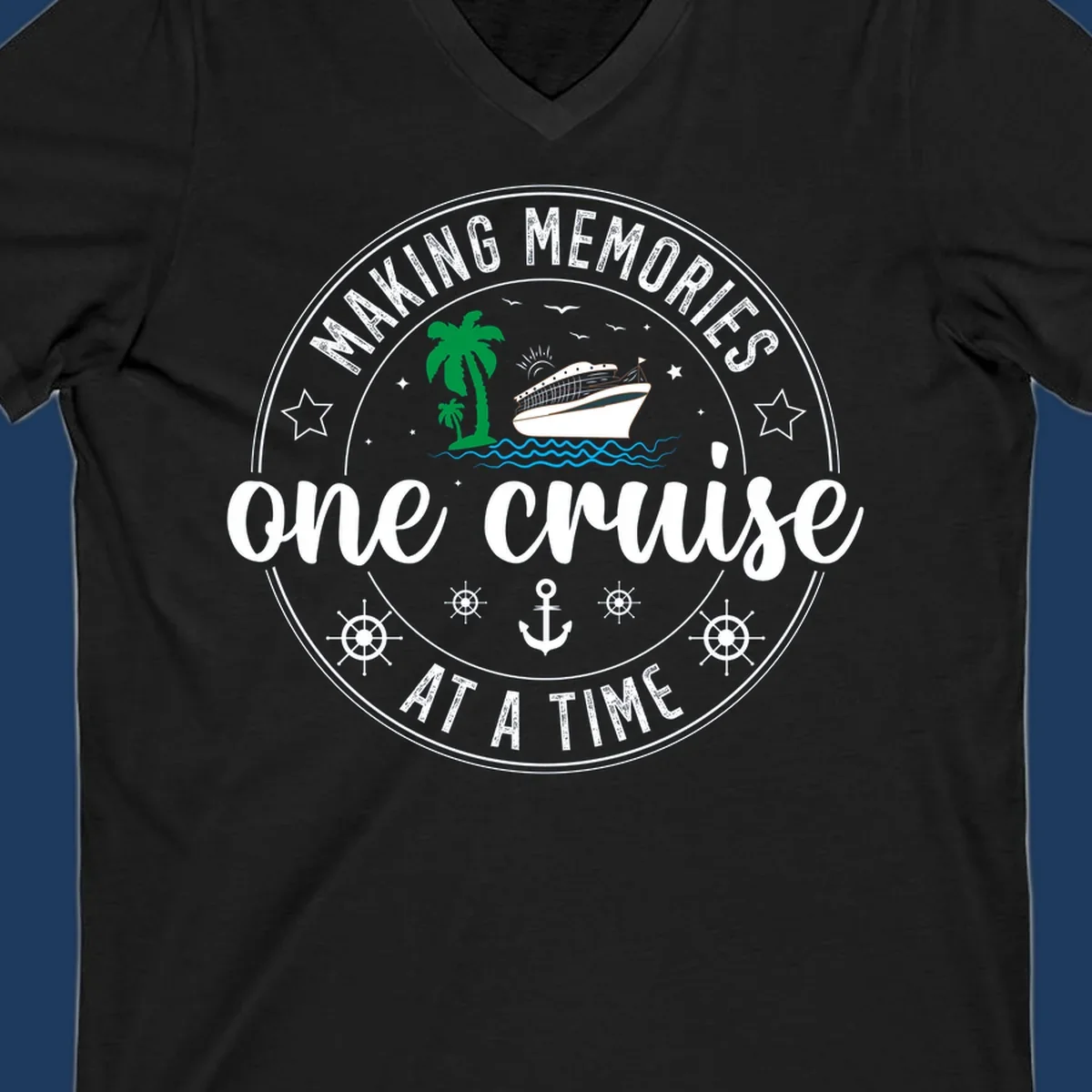 Making memories one cruise circular badge design with cruise ship, palm trees, ocean waves, anchors and ship wheels