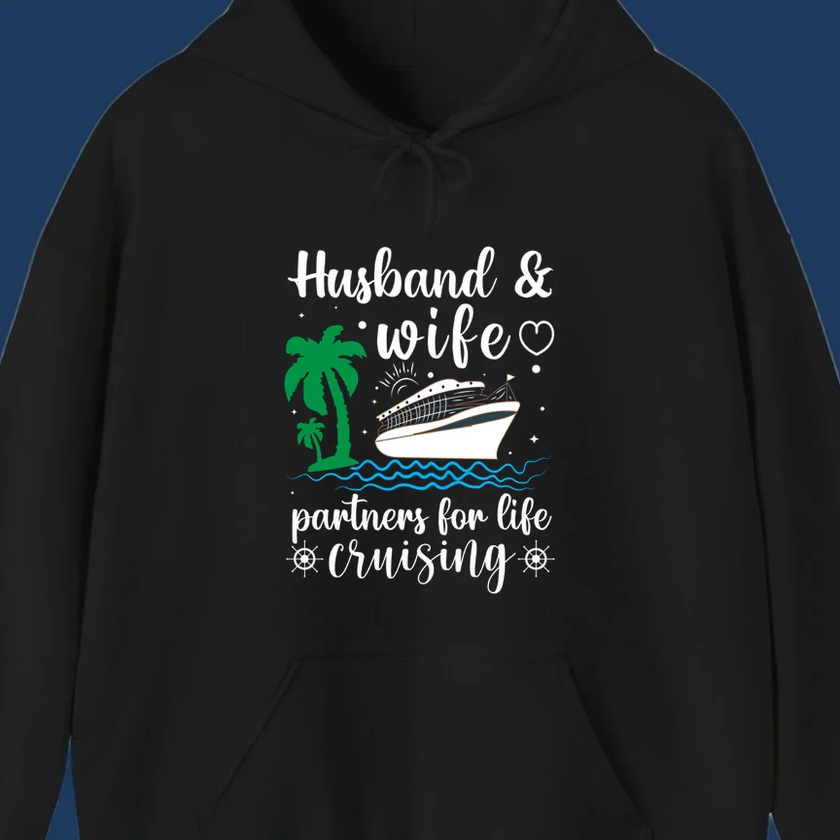 Illustration of a cruise ship with palm trees and ocean waves, text reads 'Husband & Wife Partners For Life Cruising' in script font