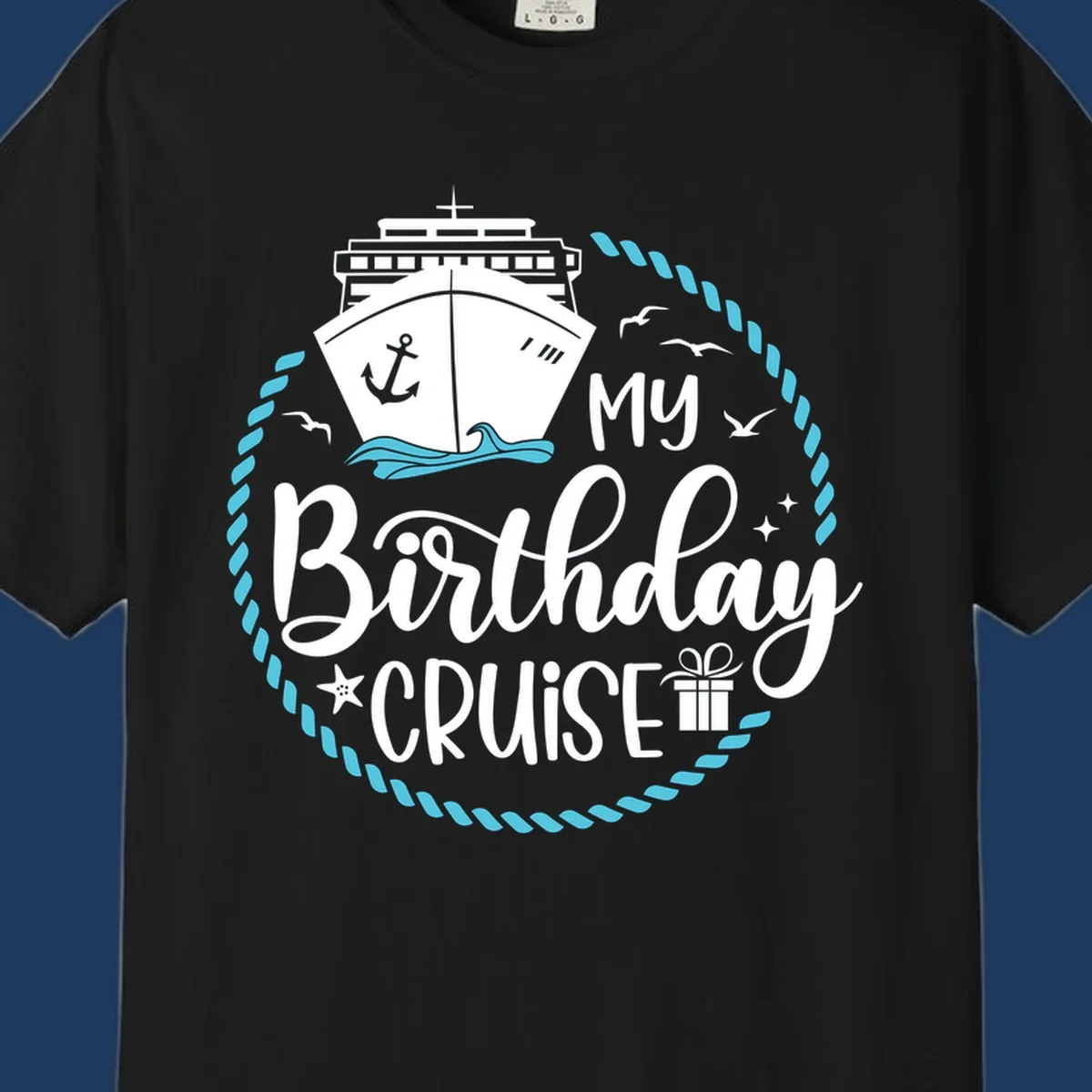 Nautical birthday cruise design with ship, anchor, rope border, seagulls, and 'my Birthday CRUISE' text on gray background