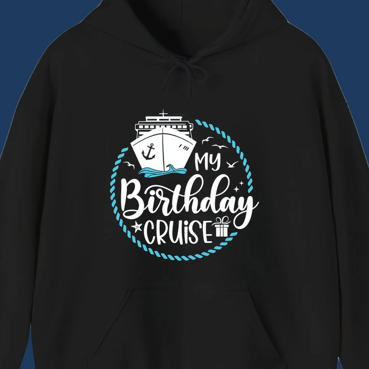 Nautical birthday cruise design with ship, anchor, rope border, seagulls, and 'my Birthday CRUISE' text on gray background
