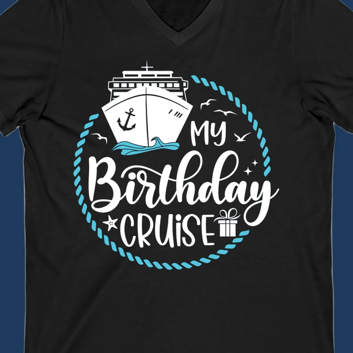 Nautical birthday cruise design with ship, anchor, rope border, seagulls, and 'my Birthday CRUISE' text on gray background
