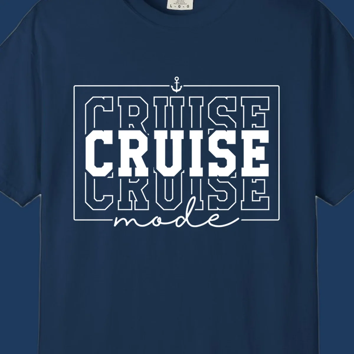 White anchor icon above bold 'CRUISE MODE' text with decorative border on gray background, nautical-themed design