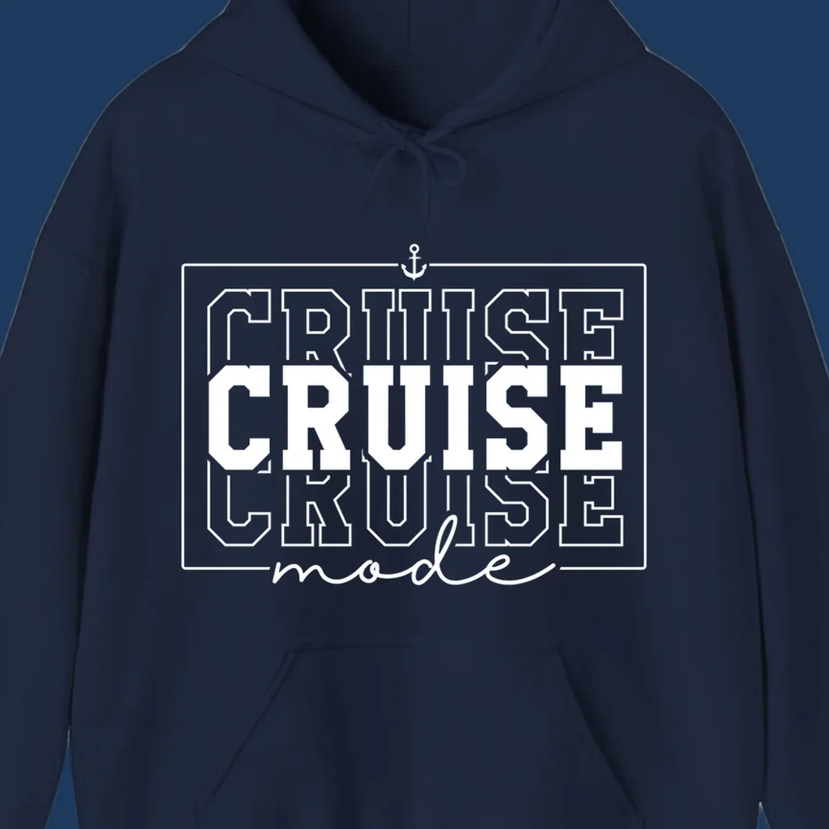 White anchor icon above bold 'CRUISE MODE' text with decorative border on gray background, nautical-themed design